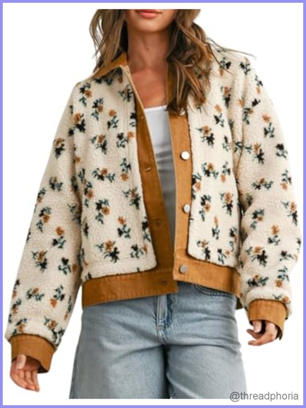 Floral Sherpa Fleece Jacket Denim Collar Button Front Pockets Oversized Outdoor